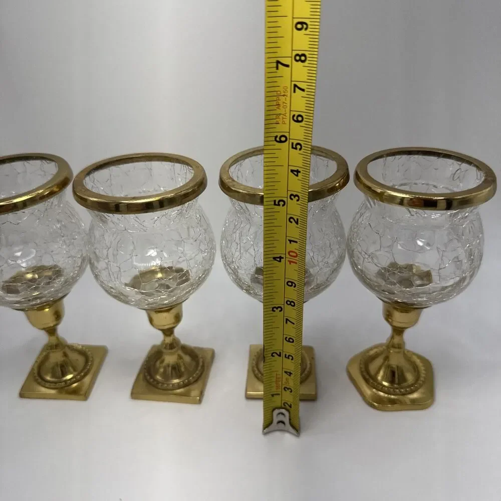 Vintage Mid-Century Gold Brass & Crackle Glass Votive Candle Holder Set of 4